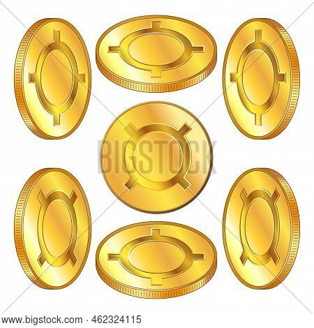 Set Of Golden Coin With Universal Currency Sign Isometric View Isolated On White. Character Used To 