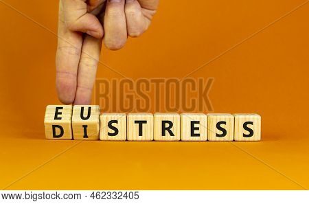 Eustress Or Distress Symbol. Psychologist Turns Cubes And Changes The Concept Word Eustress To Distr
