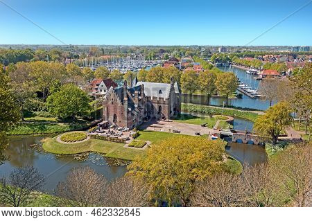 Aerial From The City Medemblik With The Radboud Castle In The Netherlands
