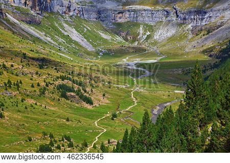 Hiking Trail In Spain. Ordesa Valley In Spanish Pyrenees. Glacial Cirque Of Ordesa Y Monte Perdido N
