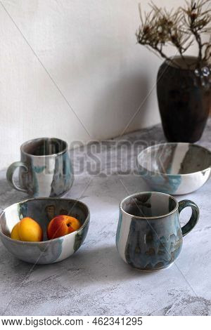Pottery Made Of Clay. Handmade Cups And Mugs.