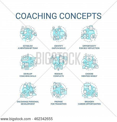 Coaching Turquoise Concept Icons Set. Mentorship Program Idea Thin Line Color Illustrations. Mentee 