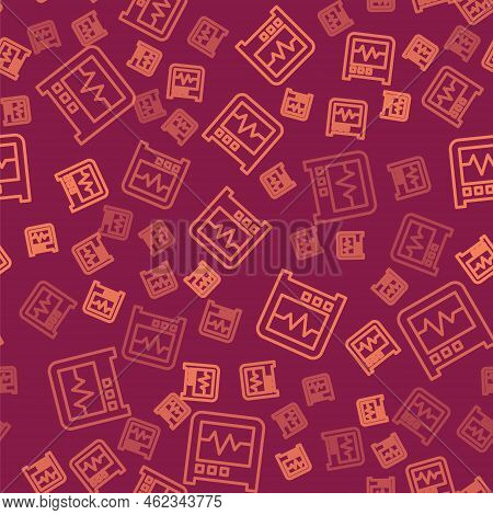 Brown Line Seismograph Icon Isolated Seamless Pattern On Red Background. Earthquake Analog Seismogra