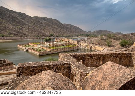 View From Amber Fort Across The Lake. Famous Landmark Of Rajasthan Near Jaipur City.