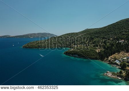 Popular Tourist Destination. Bay With Boats On Lefkada Island. Nydri Village.