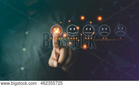 The Customer Pressing Smiley Face Emoticon On The Virtual Touch Screen And Rated The Service Quality