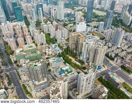 Shenzhen, China, 05 February 2022: Top view of shenzhen futian district