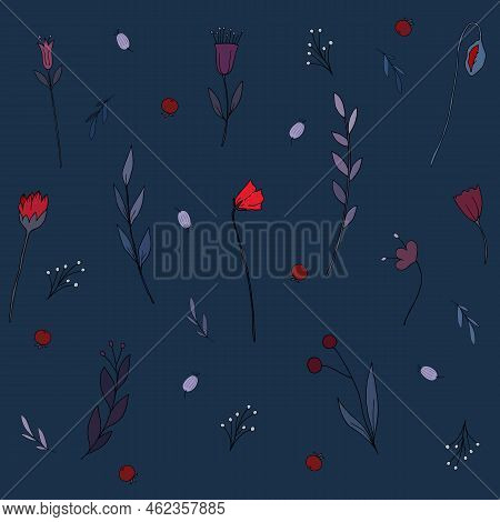 Hand Drawn Different Flowers On Dark Background