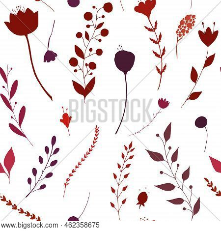 Flower And Branches Seamless Pattern In Red Colors