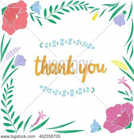 Thank You Greeting Card Of Hand Drawn Bright Flowers And Leaves On White Background. Natural Design 