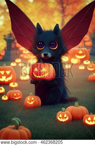 A Black Fox Kit With Bat Wings On Halloween Theme Background. Halloween With Vampire Fox And Carved 