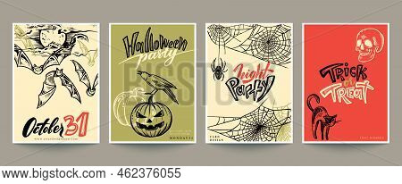 Set Of Four Vector Halloween Pre-made Cards Or Posters With Hand Drawn Elements And Abstract Texture
