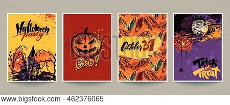 Set Of Four Vector Halloween Pre-made Cards Or Posters With Hand Drawn Elements And Abstract Texture