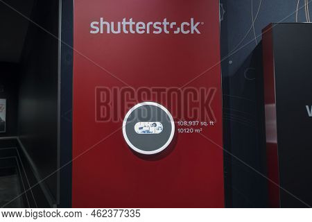 Close Up View Of Shutterstock Stand Inside Empire State Building. New York. Usa. 09.21.2022.