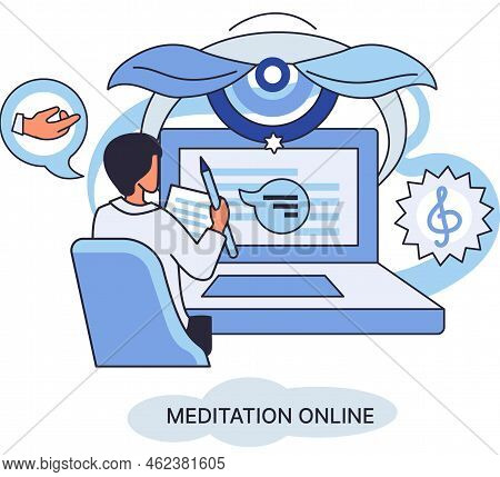 Meditation Online Application. Man Watching Online Classes On Laptop, Practicing Yoga. Live Stream, 