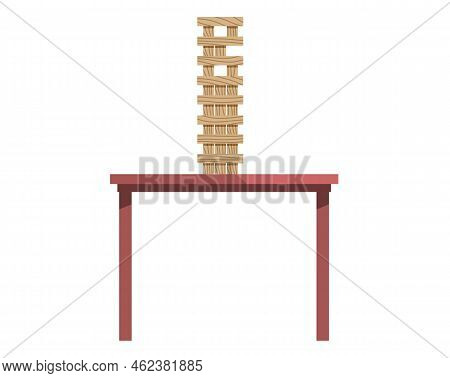 Jenga, Wooden Tower Made Of Bricks Vector Illustration. Cozy Room Atmosphere With Strategic Board Ga