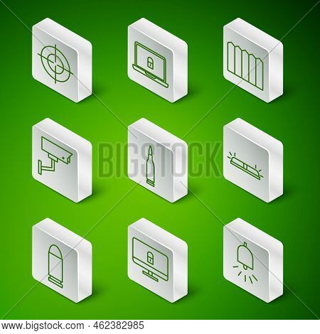 Set Line Ringing Alarm Bell, Lock On Computer Monitor, Target Sport, Bullet, Security Camera, Laptop