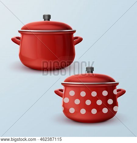 Vector Red Enamel Saucepan With White Dot And Without. Isolated On Background