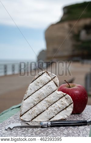French Heartshaped Neufchatel Cow Cheese Served With Apple And View On Alebaster Cliffs Porte D'aval