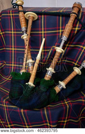 Symbols Of Scotland - Wollen Tartan Textile And Handmade Musical Instrument Bagpipes