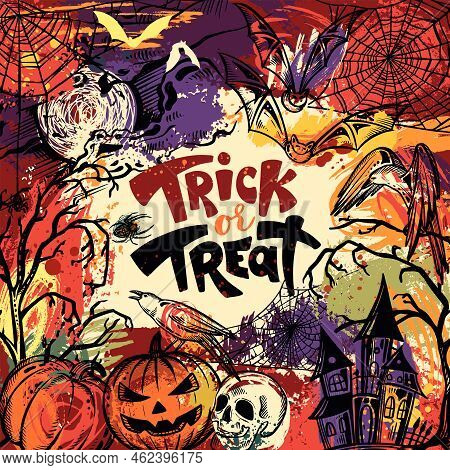Vector Halloween Pre-made Poster With Hand Drawn Elements, Handwritten Phrase, And Abstract Texture