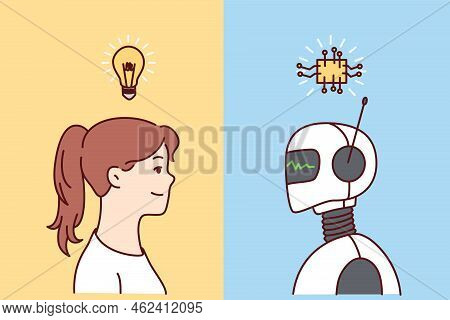 Young Woman With Lightbulb Above Head And Robot Exchange Thoughts Generate Ideas. Concept Of Artific