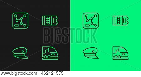 Set Line High-speed Train, Train Driver Hat, Railway Map And Ticket Icon. Vector