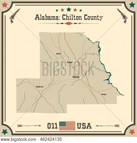 Large And Accurate Map Of Chilton County, Alabama, Usa With Vintage Colors.