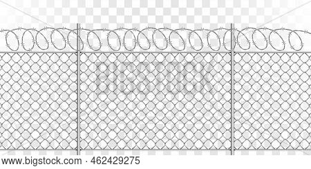 Metal Mesh Fence With Steel Spiral Barbed Wire With Spikes, Realistic Vector Illustration On Transpa