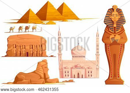 Ancient Egypt Vector Cartoon Set. Egyptian Culture Symbol Collection And Famous Place, Pharaoh Sarco