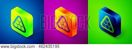 Isometric Billiard Balls In A Rack Triangle Icon Isolated On Blue, Purple And Green Background. Squa