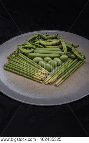 Composition Of Green Snacks In Assortment With Different Tastes And Different Shapes With Roasted Su