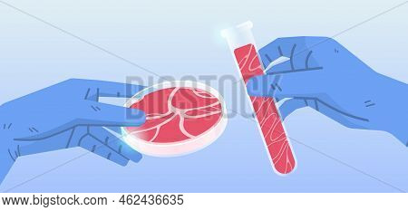 Scientist Hands Holding Test Tubes With Cultured Red Raw Meat Made From Animal Cells Artificial Lab 