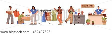 Shopping Used Goods In Second Hand Store, Flat Vector Illustration Isolated.