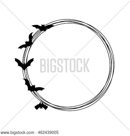 Bats Are Sitting In A Circle. Round Frame Made Of Cobwebs On The Theme Of Halloween. Kolo