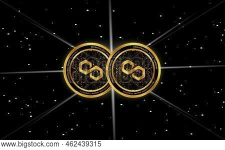 Polygon-matic  Virtual Currency Images. 3d Drawings. Coin Logo.