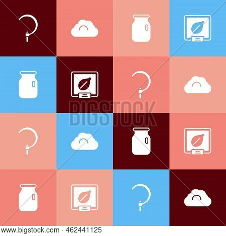 Set Pop Art Sickle, Cloudy Weather, Glass Jar With Screw-cap And Seeds Of Specific Plant Icon. Vecto