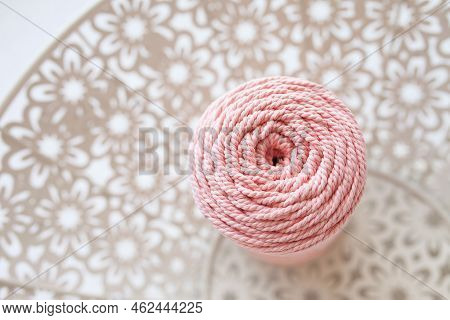 Handmade Macrame Braiding And Cotton Threads In White Basket. Cotton Macrame Cords And Ropes Against