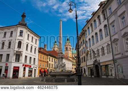 Ljubljana, Slovenia - September 3rd 2022. Robba Fountain In Town Square Or Mestni Trg In Central Lju