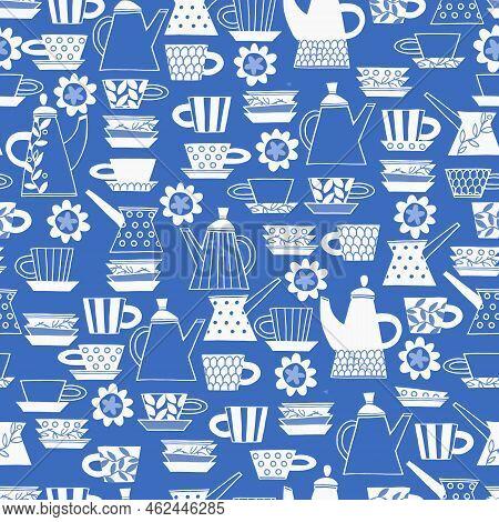 Seamless Pattern. Hand Drawn Fika Cups Decorated With Patterns In Scandinavian Style