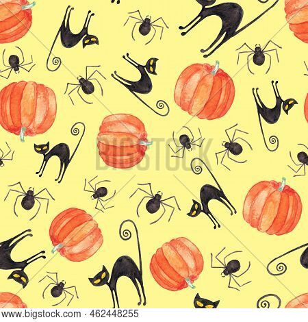 Watercolor Pattern Made Of Spiders, Black Cats And Squashes On Halloween Party, Pattern For Celebrat