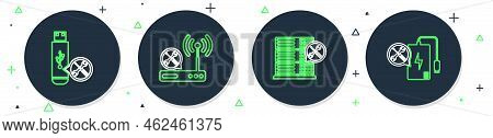 Set Line Router Wi-fi Service, Database Server, Usb Flash Drive And Power Bank Icon. Vector