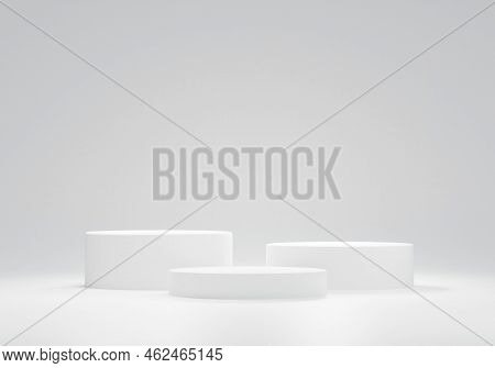 Three Podium Arranged In Ranking Ladder White Background. Product Display Stand Or Product Presentat