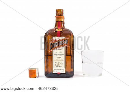 Kiev, Ukraine - February 08, 2021: Cointreau And Glass On A White Background.