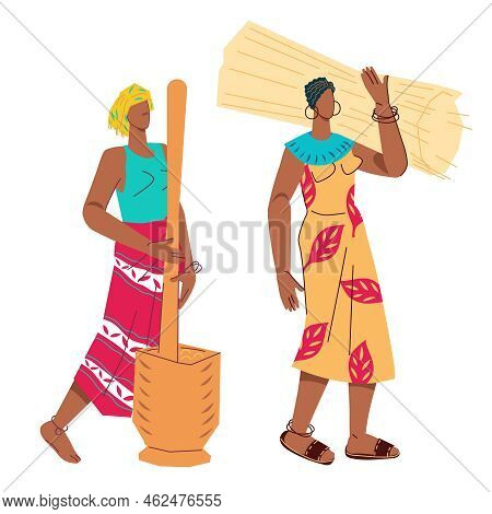 African Village Women With Work Tools And Household Items, Flat Cartoon Vector Illustration Isolated