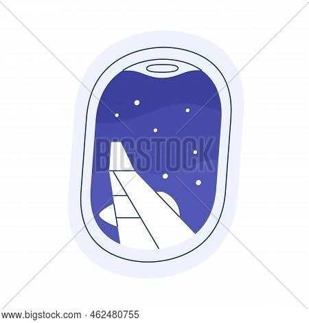 Porthole View On Dark Night Sky With Stars. Skyscape, Wing Through Air Plane Window During Flight. N