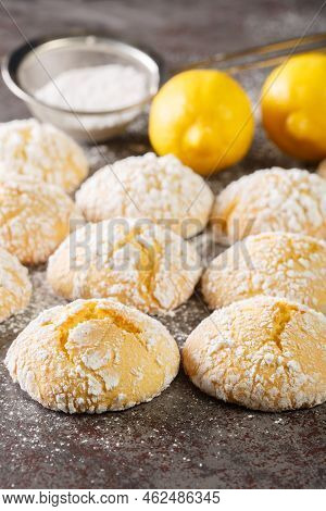 Turkish Limonlu Catlak Kurabiye Lemon Cookies With Powdered Sugar Close-up On The Table. Vertical