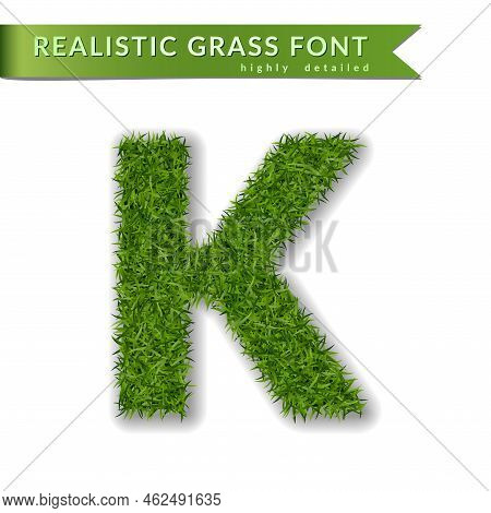 Grass Letter K, Alphabet 3d Design. Capital Letter Text. Green Font Isolated White Background, Shado