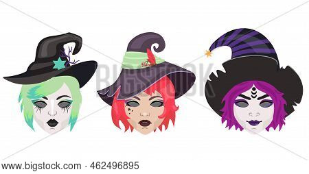 Halloween Cartoon Witches Vector Set. Witch Wearing Typical Witch Hat. Face Painting, Witch Makeup. 