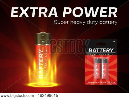 Aa Batteries Extra Power Promo Advertising Banner Realistic Vector Super Heavy Duty Battery